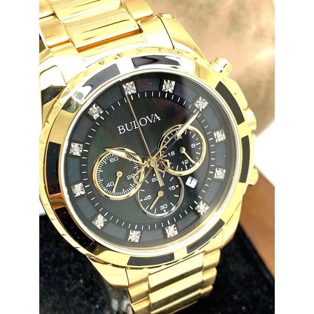 Bulova Men's Watch 97D121 Quartz Chronograph Diamond Black Dial Gold Steel 44mm